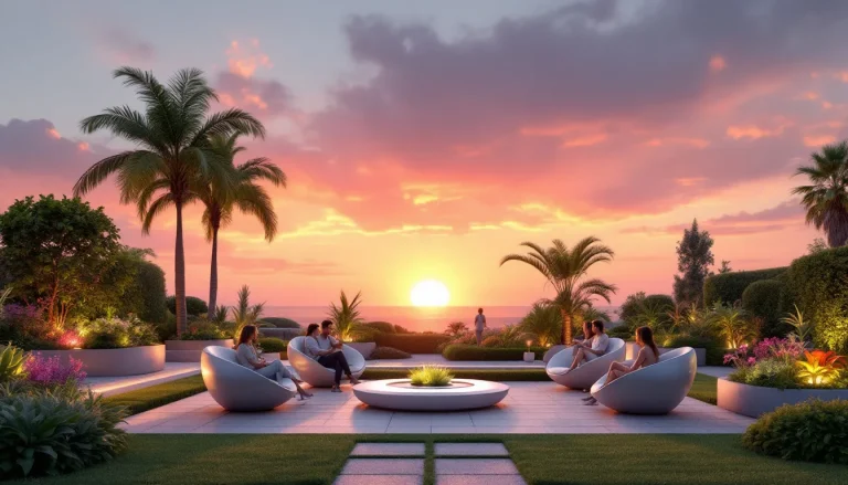 Jardin intelligent illuminé par la lumière douce du crépuscule.