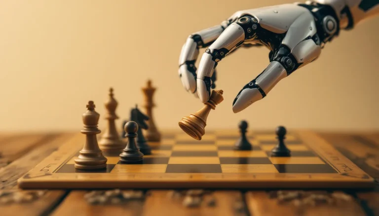 Main robotique jouant aux échecs sur un plateau.