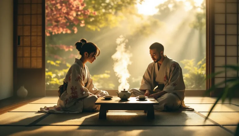 Miai serein dans un pavillon de style japonisant entouré de verdure.