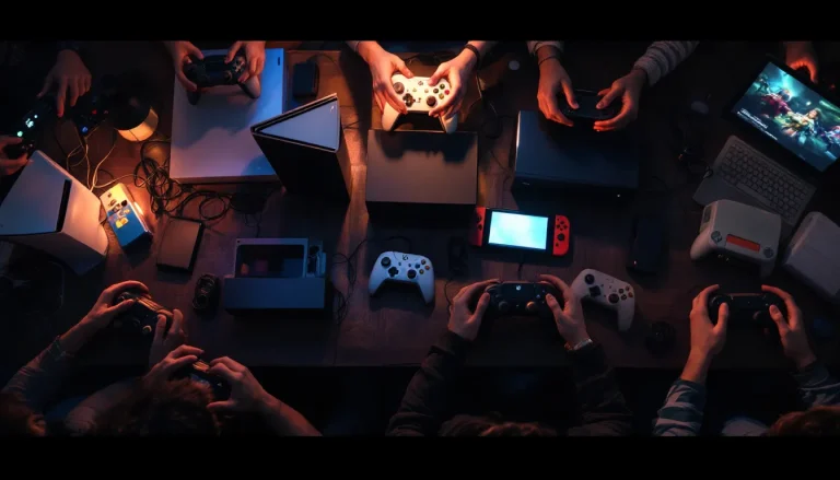 Un groupe de personnes plongées dans une soirée de jeux vidéo, entourées de manettes et d'écrans lumineux.