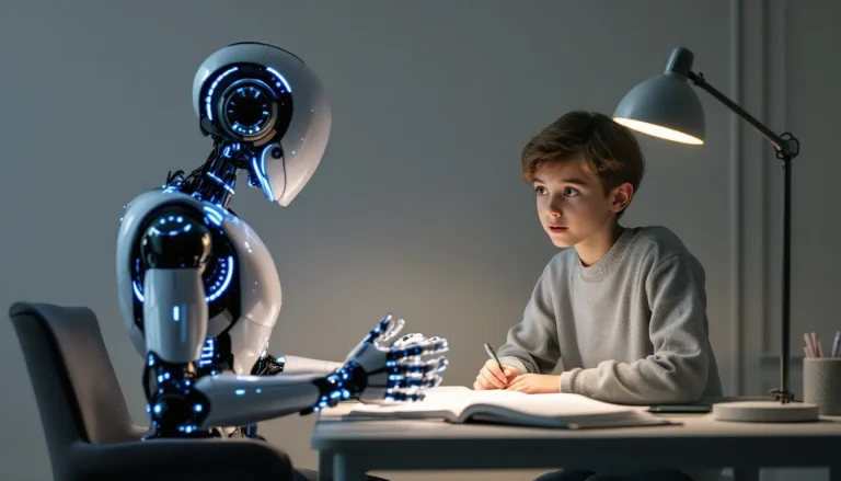 Un robot dispense un cours d'anglais à des élèves attentifs.