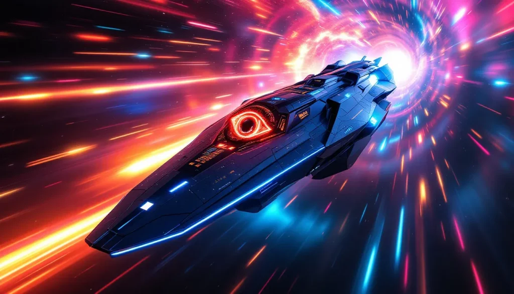 Vaisseau futuriste naviguant dans un espace numérique rempli de motifs géométriques.