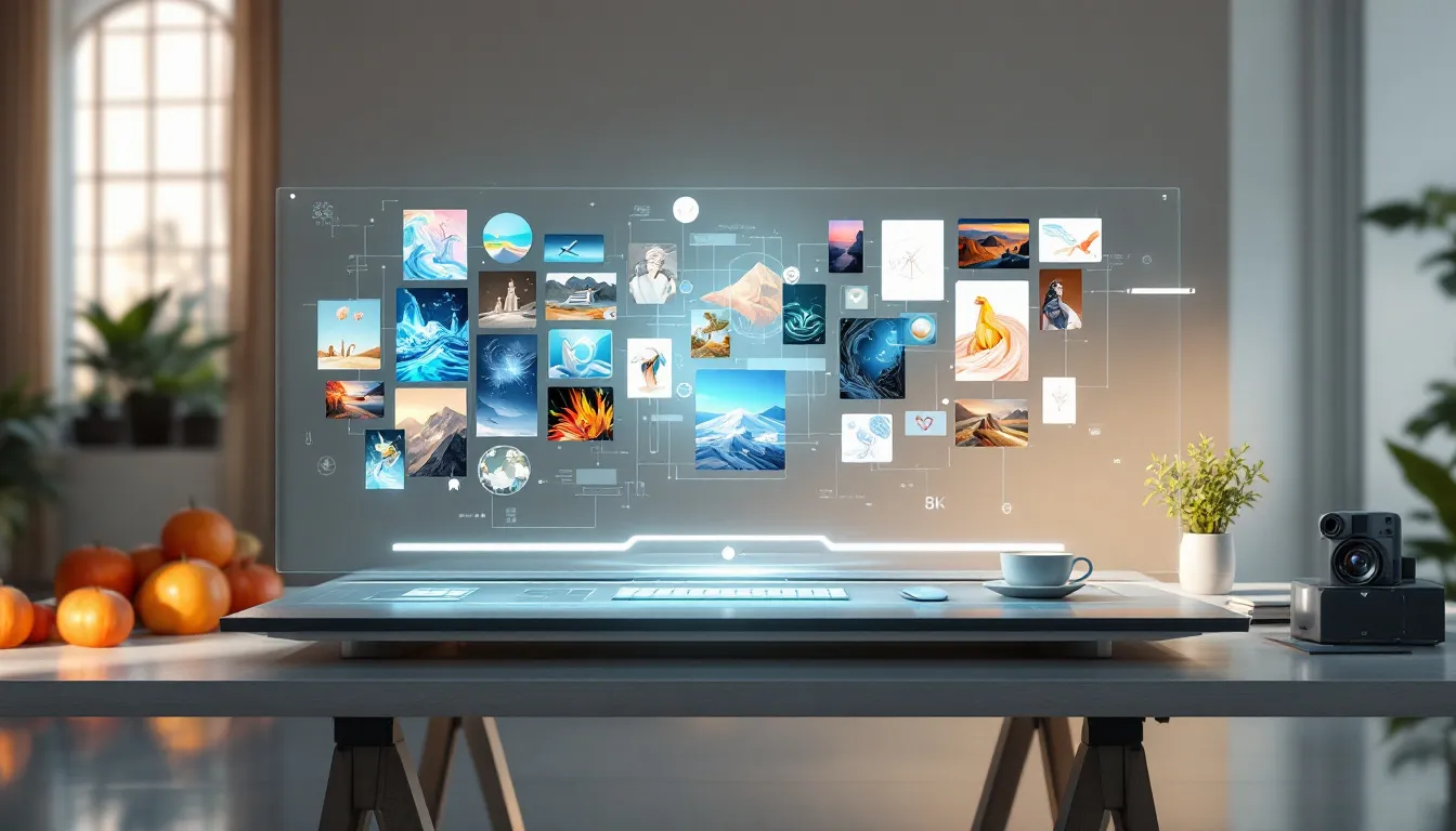 Art numérique vibrant représentant des formes géométriques et des couleurs en mouvement sur un écran holographique.