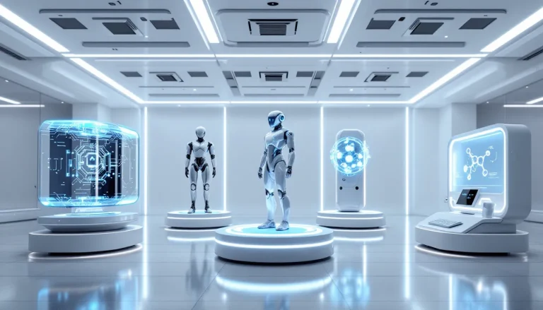Dispositifs d'intelligence artificielle disposés dans un laboratoire futuriste.