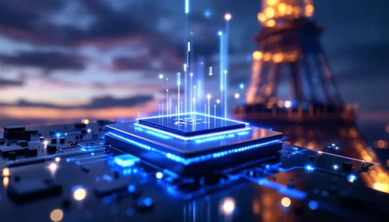 Éclat technologique du Mistral OCR illustré par des éléments innovants et futuristes.