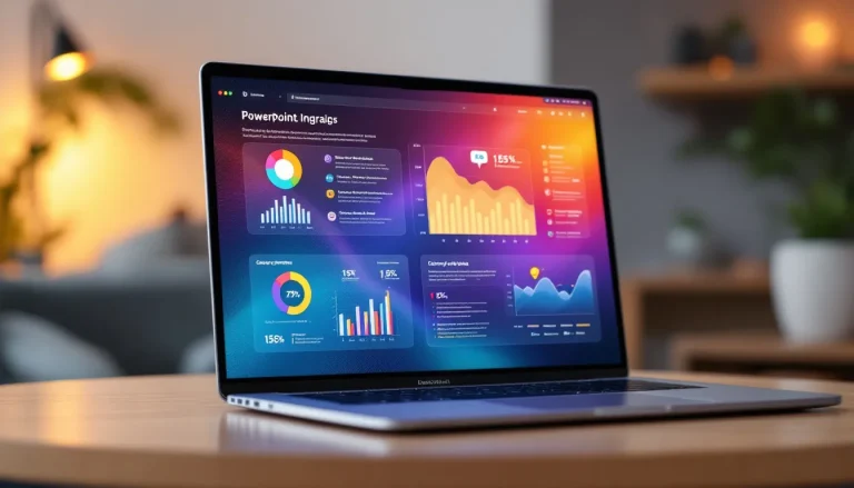 Ordinateur portable affichant des infographies sur un fond clair.
