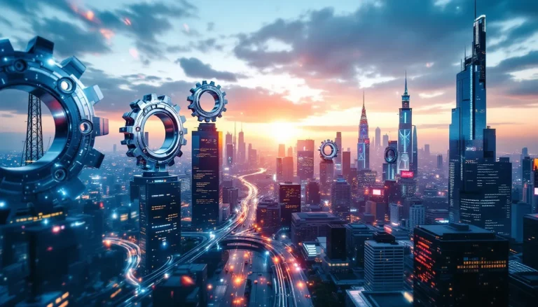Outils d'intelligence artificielle intégrés dans une métropole futuriste animée.