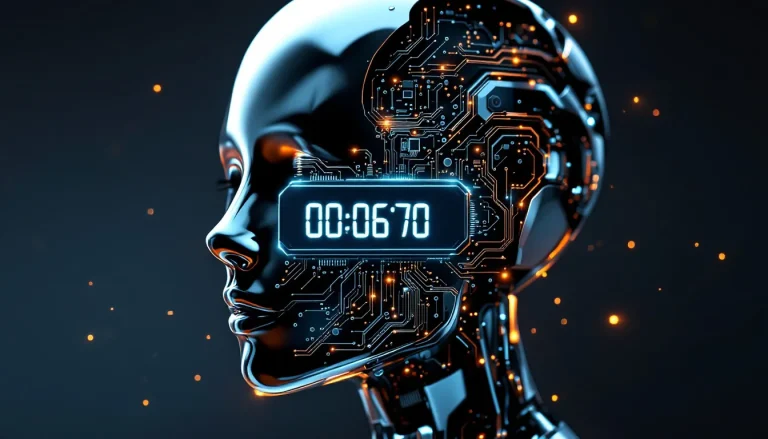 Tête robotique futuriste avec un compte à rebours numérique affiché.