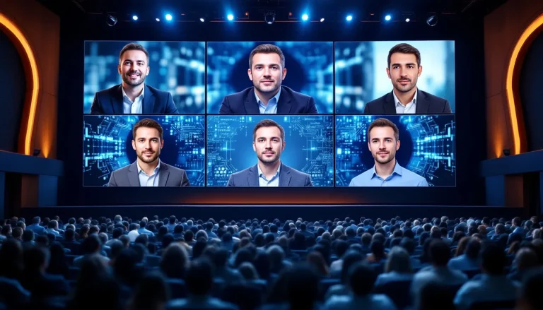 Un orateur présente des concepts d'intelligence artificielle devant un public attentif lors d'une conférence.