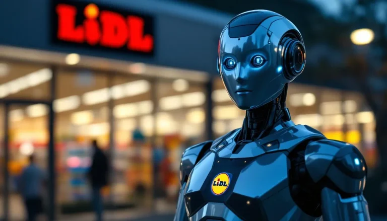 Un robot intelligent se tient devant le magasin LIDL.