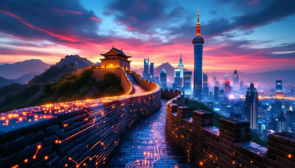 Le Mur de Chine s'élève majestueusement à travers un paysage technologique moderne.