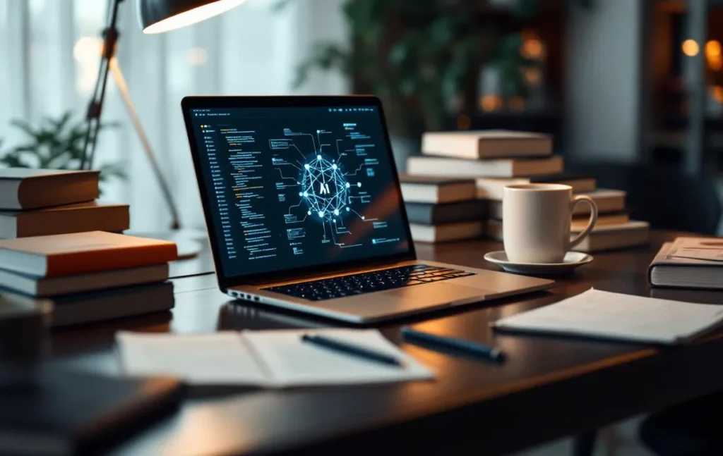 Un bureau avec des livres, un ordinateur portable et des notes sur un cours d'intelligence artificielle.