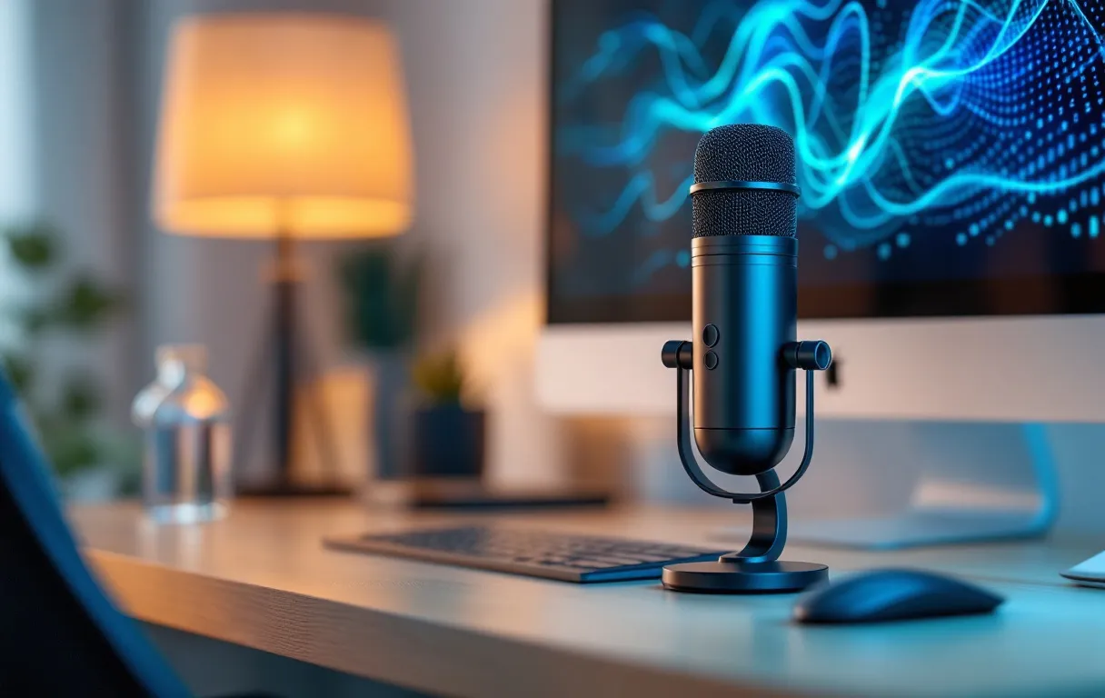 Microphone moderne posé sur un bureau minimaliste relié à un écran d’ordinateur affichant des ondes vocales d’intelligence artificielle.