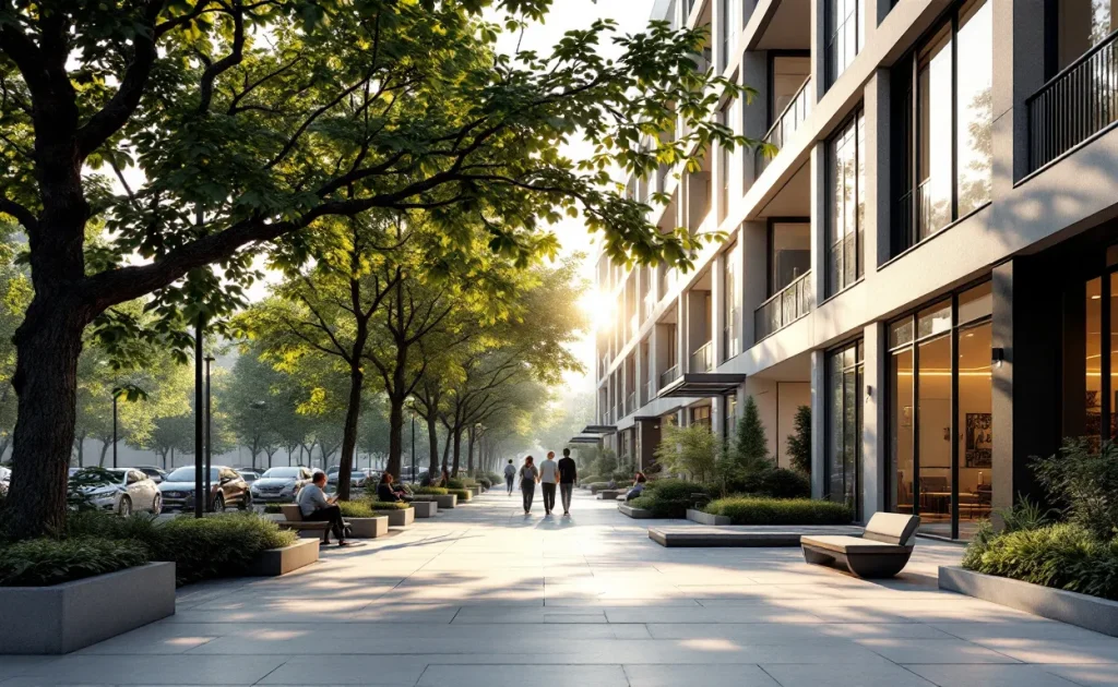 Un immeuble d’appartements moderne aux lignes épurées baigné d’une lumière douce à travers des arbres feuillus.