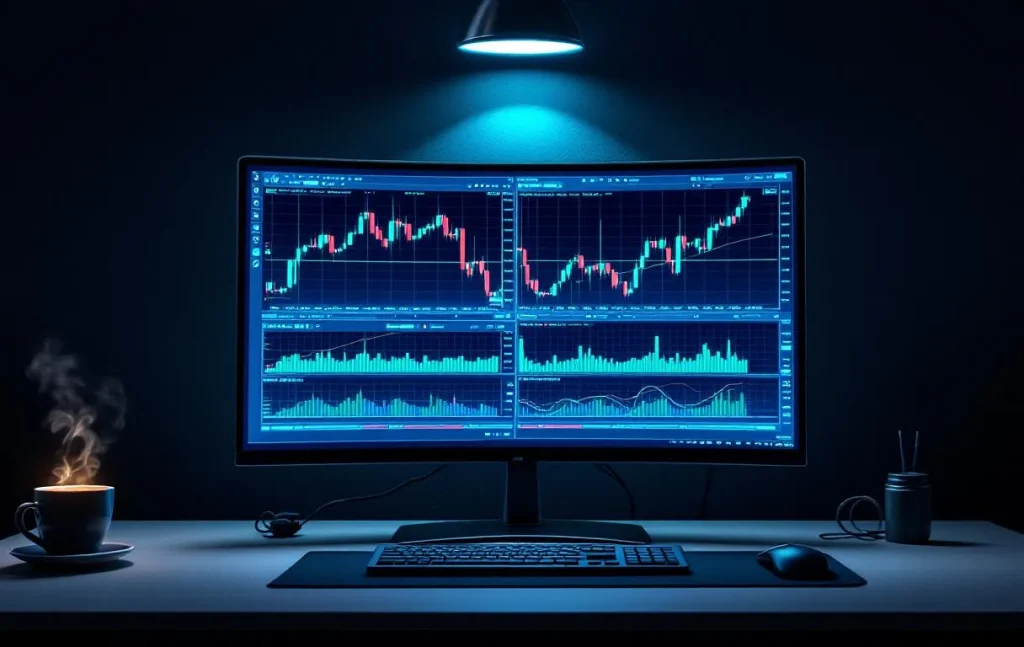 Un écran d’ordinateur affiche des graphiques de trading colorés et l’interface lumineuse de l’indicateur XHMaster Formula dans un bureau moderne aux tons bleus et verts.