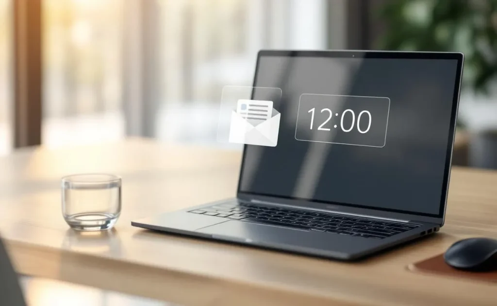 Un ordinateur portable sur un bureau moderne affiche un courriel programmé dans Outlook avec une horloge transparente superposée à l’écran.