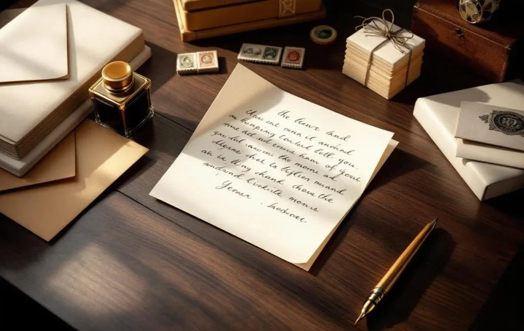 Une lettre manuscrite classique est ouverte sur un bureau en bois soigné, entourée d’enveloppes empilées et de timbres anciens sous une lumière naturelle du matin.