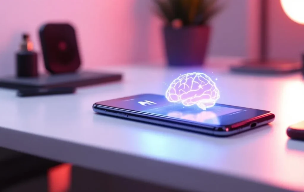 Un smartphone moderne posé sur un bureau épuré affiche une icône de cerveau lumineux symbolisant l’intelligence artificielle.