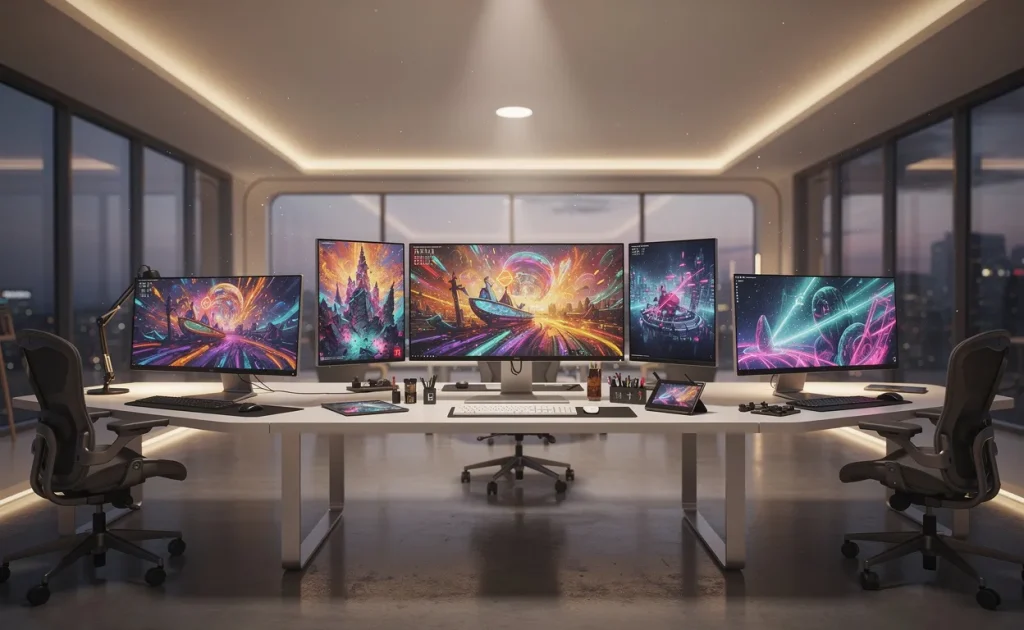 Un studio d’art futuriste avec plusieurs écrans d’ordinateur affichant des œuvres numériques colorées générées par intelligence artificielle, dans une pièce moderne à l’éclairage doux.