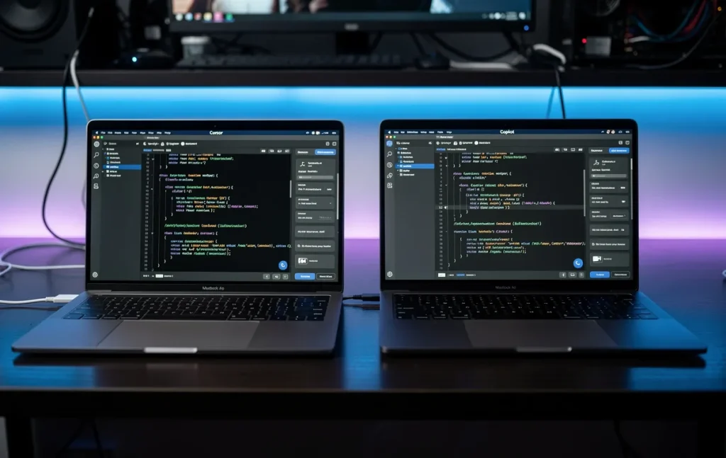 Deux ordinateurs portables affichant les assistants de code Cursor et Copilot sont posés sur un bureau moderne éclairé par des lumières LED bleues et violettes dans un espace de travail tamisé.