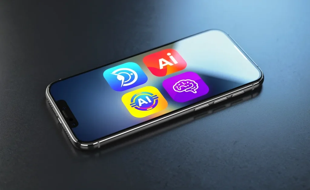 Un smartphone moderne posé sur un bureau élégant affiche quatre icônes d’applications d’IA lumineuses sur son écran, entouré de reflets subtils sous une lumière ambiante froide.