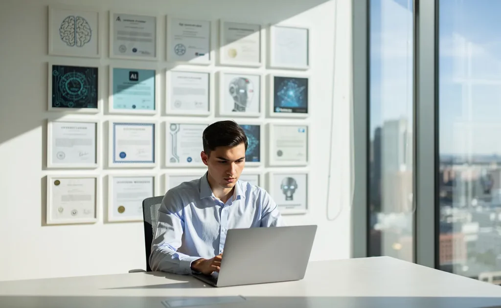Un jeune professionnel étudie sur un ordinateur portable entouré de certificats ornés d’icônes d’intelligence artificielle près d’une fenêtre de bureau moderne.