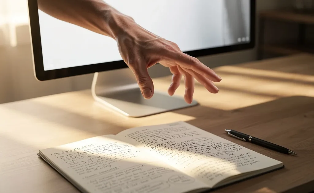 Une main humaine sort d’un écran d’ordinateur vers un carnet annoté, sous une lumière douce.