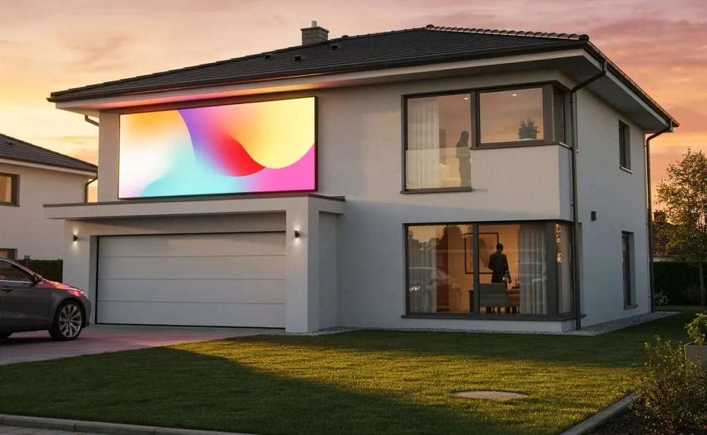 Une maison de banlieue moderne affiche un grand panneau lumineux sur sa façade au coucher du soleil, avec des reflets visibles sur les fenêtres proches.