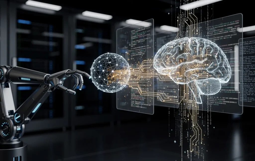 Un bras robotique s'étend vers une sphère lumineuse de réseau neuronal tandis qu'un cerveau d'IA interagit avec du code flottant sur un fond sombre et technologique.