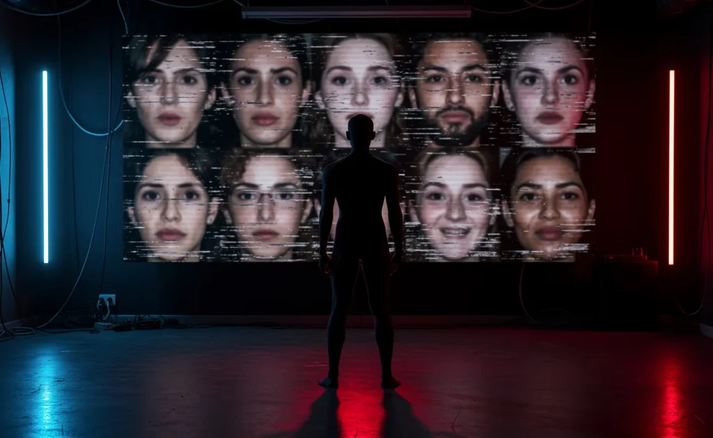 Un personnage sans visage se tient devant un écran affichant des visages flous de deepfake, éclairé par des lueurs néon bleues et rouges dans une pièce sombre.