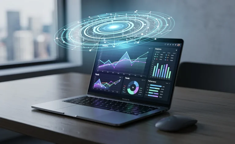 Un ordinateur portable posé sur un bureau moderne affiche des graphiques de données, accompagné d’un hologramme d’intelligence artificielle en nuances bleutées.