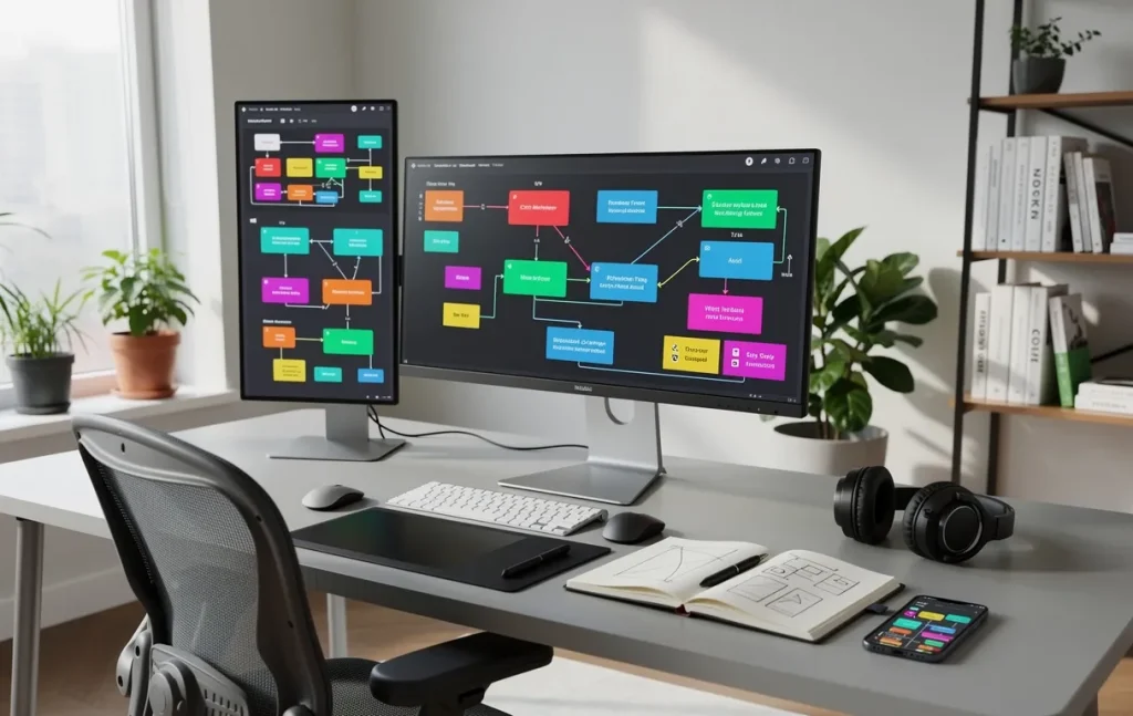 Un poste de travail informatique moderne affiche plusieurs schémas de flux sur ses écrans, entouré d’outils numériques et éclairé par une lumière naturelle diffuse.