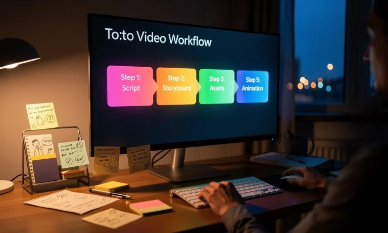 Un bureau moderne au crépuscule avec un grand écran affichant un schéma coloré en cinq étapes pour la création de vidéos, entouré de notes et éclairé par la lumière douce de l’écran.