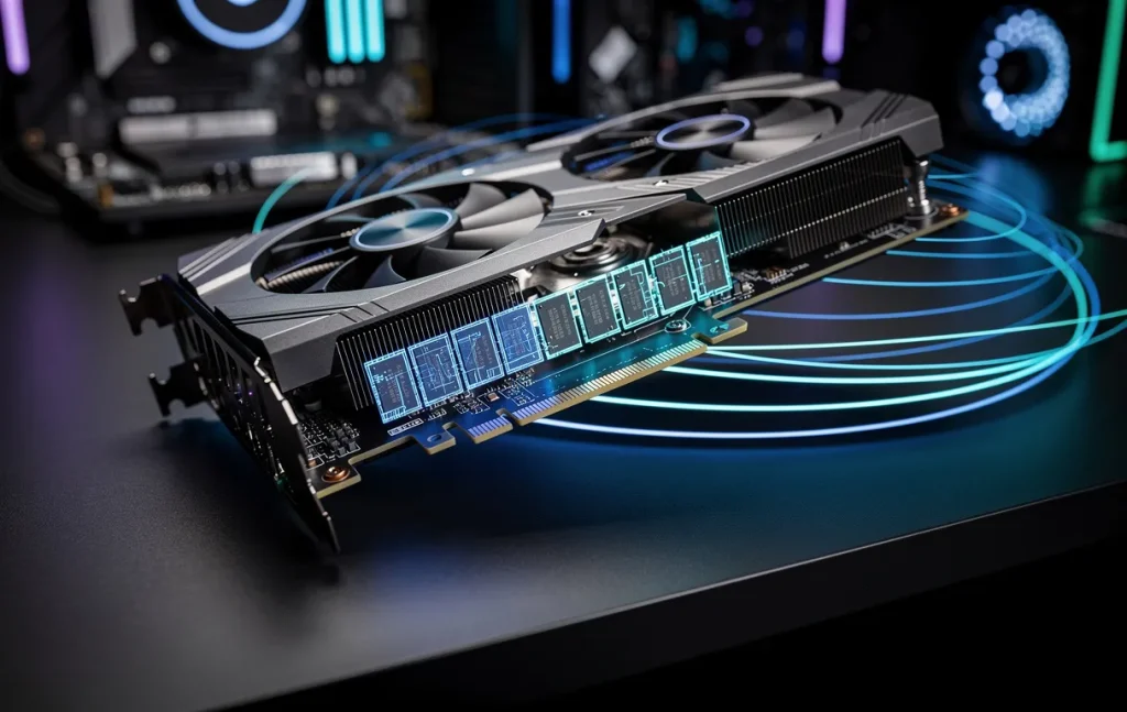 Carte graphique posée sur un bureau élégant, modules VRAM illuminés en bleu électrique et flux de données en lignes néon autour, dans une ambiance technologique.