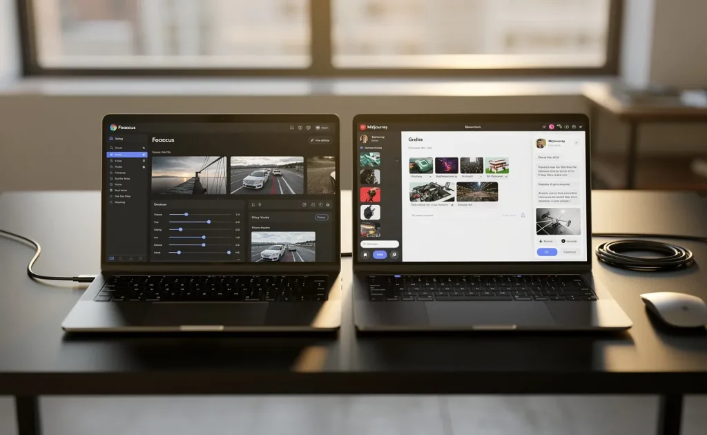 Deux ordinateurs portables modernes côte à côte sur un bureau épuré affichent respectivement les interfaces de Fooocus et Midjourney, baignés par une lumière d’après-midi.