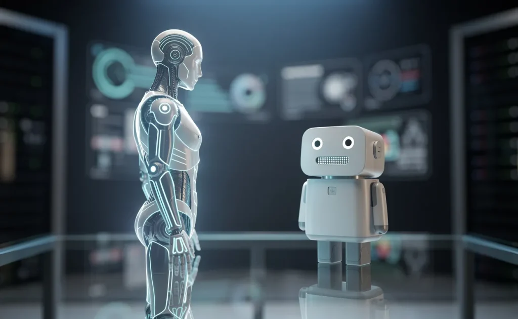 Un assistant numérique futuriste lumineux fait face à un robot chatbot simple sur une table en verre, leurs reflets visibles sous une lumière bleutée.