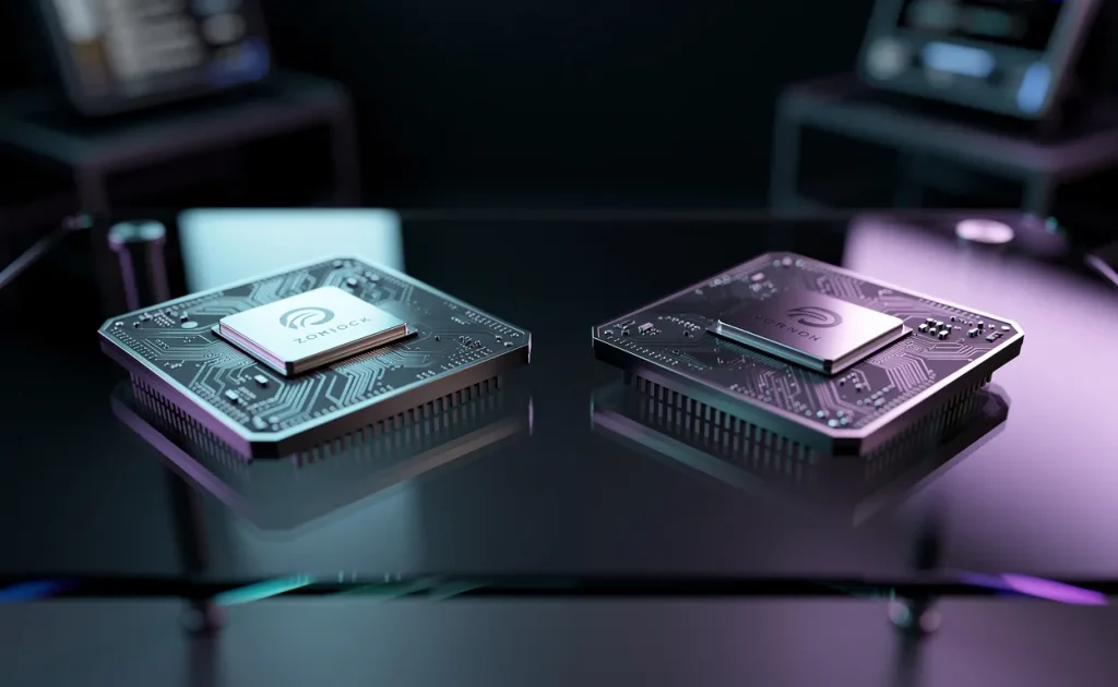 Deux processeurs d’intelligence artificielle au design moderne sont posés sur une table en verre, éclairés par des lumières bleues et violettes dans un studio minimaliste.
