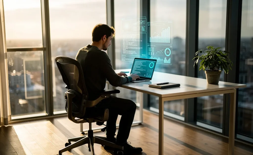 Un travailleur indépendant assis à un bureau moderne près d’une grande fenêtre utilise un ordinateur portable sous une lumière matinale, avec une interface numérique lumineuse flottant au-dessus de l’écran.