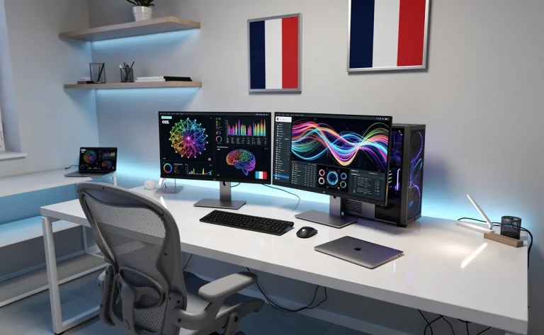 Espace de travail moderne avec ordinateurs affichant des visualisations d’IA et drapeau français intégré, éclairé de lumières bleues.