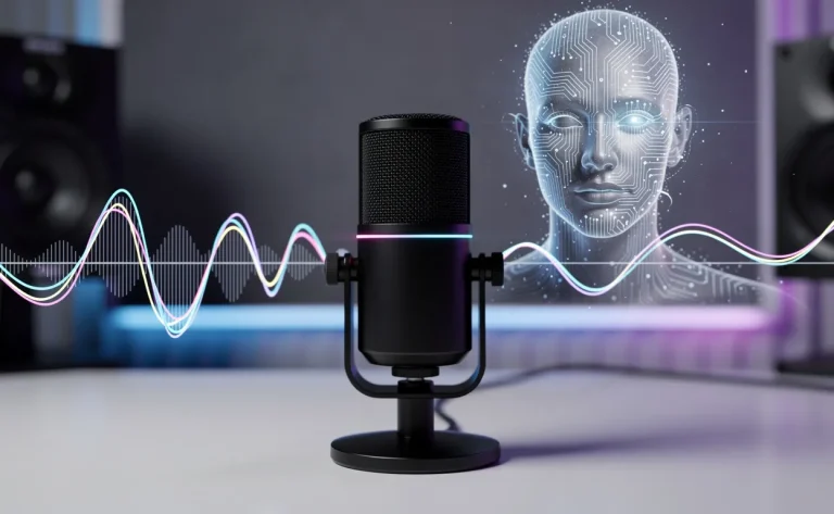 Un microphone de podcast moderne posé dans un studio élégant avec des ondes lumineuses et un visage holographique en arrière-plan sur fond bleu et violet.