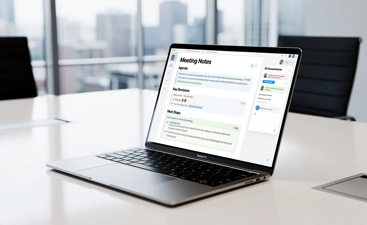 Un ordinateur portable ouvert sur une table de réunion moderne affiche des notes de réunion générées par intelligence artificielle, avec une lumière douce passant à travers une cloison vitrée en arrière-plan.