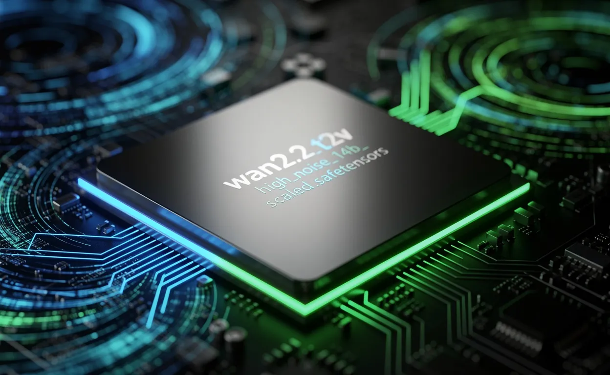 Un processeur moderne étiqueté "wan2.2_t2v_high_noise_14b_fp8_scaled.safetensors" brille de lumières bleues et vert néon au milieu d’un brouhaha numérique.