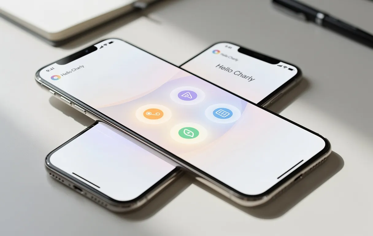 Un smartphone moderne posé sur un bureau lumineux affiche l’interface Hello Charly avec cinq icônes de fonctions mises en valeur à l’écran.
