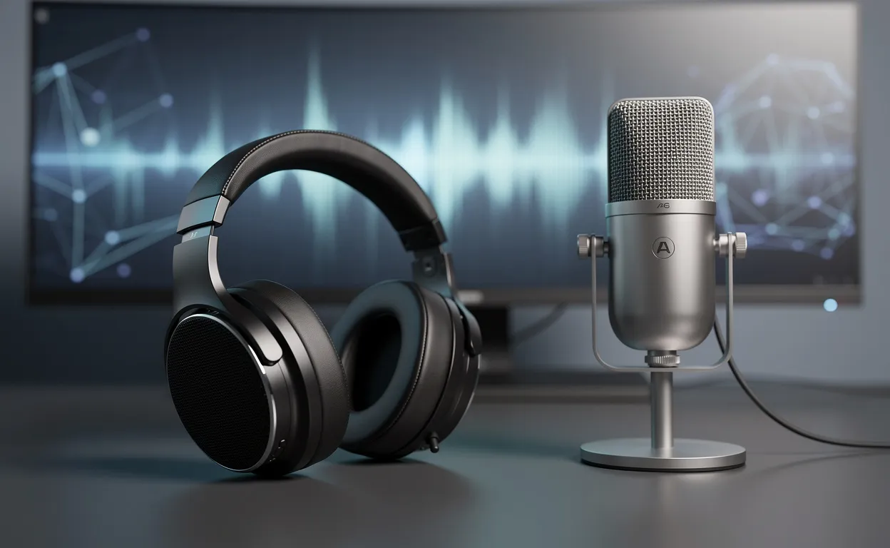 Un casque haut de gamme et un micro élégant reposent sur un bureau moderne près d’un écran affichant une onde numérique et des reflets de réseau neuronal.