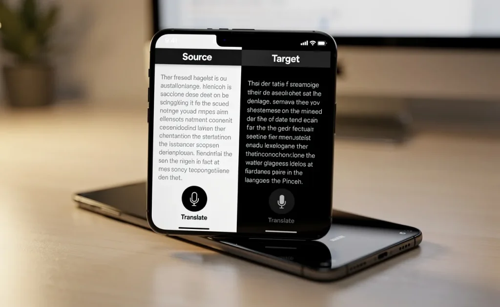 Un smartphone affichant une application de traduction en temps réel posé sur un bureau moderne éclairé d’une lueur douce.
