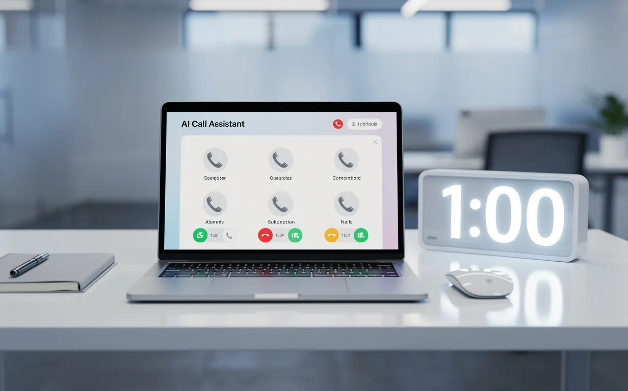 Un bureau moderne avec un ordinateur portable affichant une interface téléphonique assistée par intelligence artificielle, une horloge numérique lumineuse indiquant une heure et un éclairage ambiant froid.