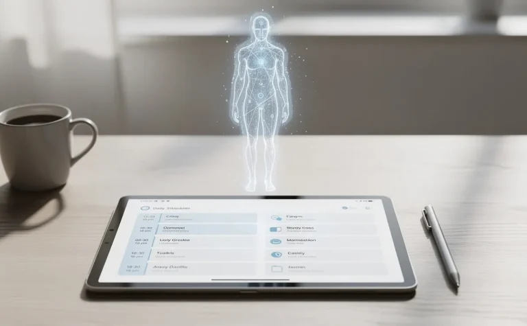 Une tablette numérique affiche un planning quotidien organisé, surmontée d’un assistant IA holographique, posée sur un bureau épuré éclairé par une lumière matinale douce.