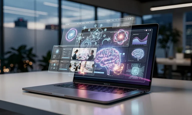 Un ordinateur portable moderne posé sur un bureau affiche des grilles de contenu avec des icônes d’intelligence artificielle lumineuses, dans un espace de travail aux tons bleus et violets au crépuscule.