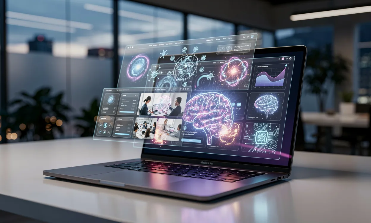 Un ordinateur portable moderne posé sur un bureau affiche des grilles de contenu avec des icônes d’intelligence artificielle lumineuses, dans un espace de travail aux tons bleus et violets au crépuscule.