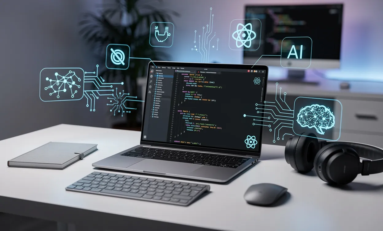 Un bureau moderne avec un ordinateur portable affichant un éditeur de code ReactJS, entouré d’icônes d’intelligence artificielle et de graphismes de réseau neuronal, dans une ambiance lumineuse aux tons froids.